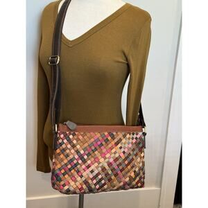 Ameri Leather Stella Woven Crossbody Shoulder Bag Brown Multi Color